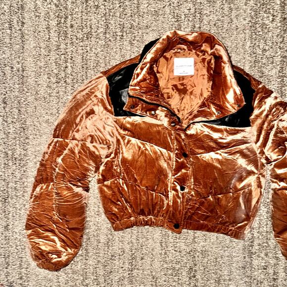 Celebrity Pink Velvet Crop Puffer Jacket Women's Outerwear Coat in Cognac - Picture 6 of 12